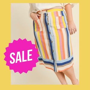 Plus Size Gilli Multi-Color Rainbow Strip Button Down Skirt with Pockets